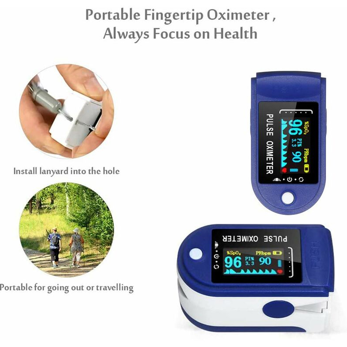 Das Bild zeigt ein tragbares Finger-Oximeter mit Illustrationen zur Verwendung und Personen beim Wandern. Das Oximeter zeigt SpO2 96% und Puls 90.