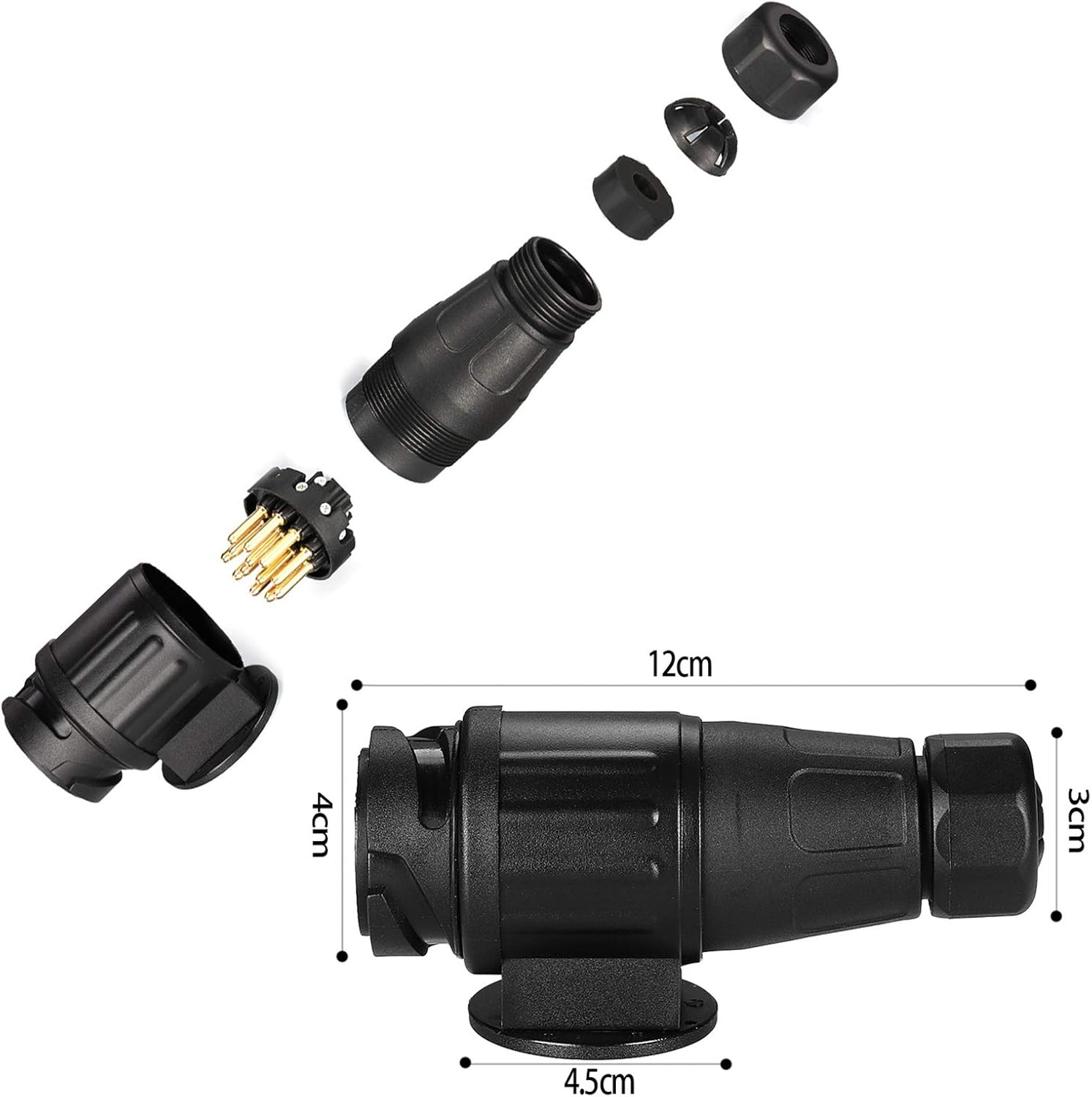 Schwarze elektrische Steckverbinderteile werden angezeigt. Das Hauptstück ist 12 cm lang, mit Maßen von 4 cm, 3 cm und 4,5 cm. Andere Teile sind verstreut.