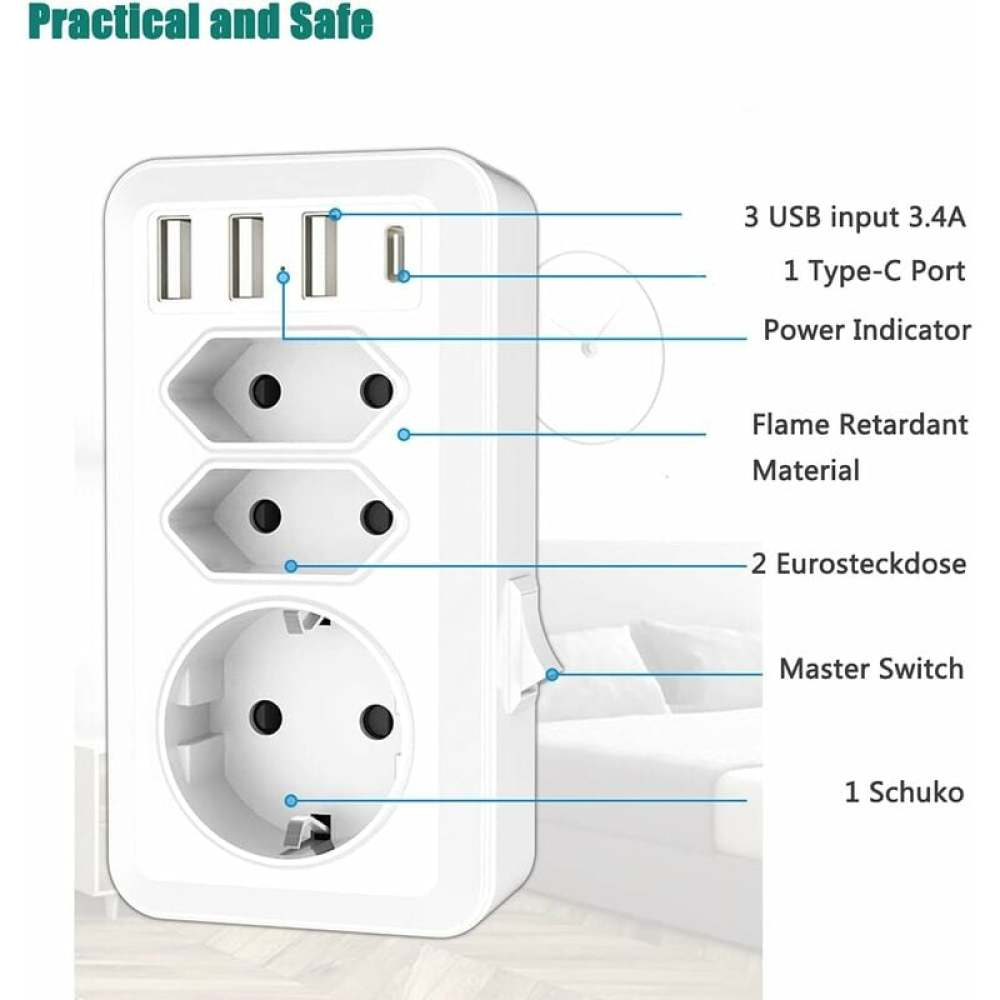Weißer Stecker mit USB-Anschlüssen, Euro- und Schuko-Buchsen. Beschriftet: 3 USB, 1 Typ-C, Betriebsanzeige, feuerfestes Material, Hauptschalter.