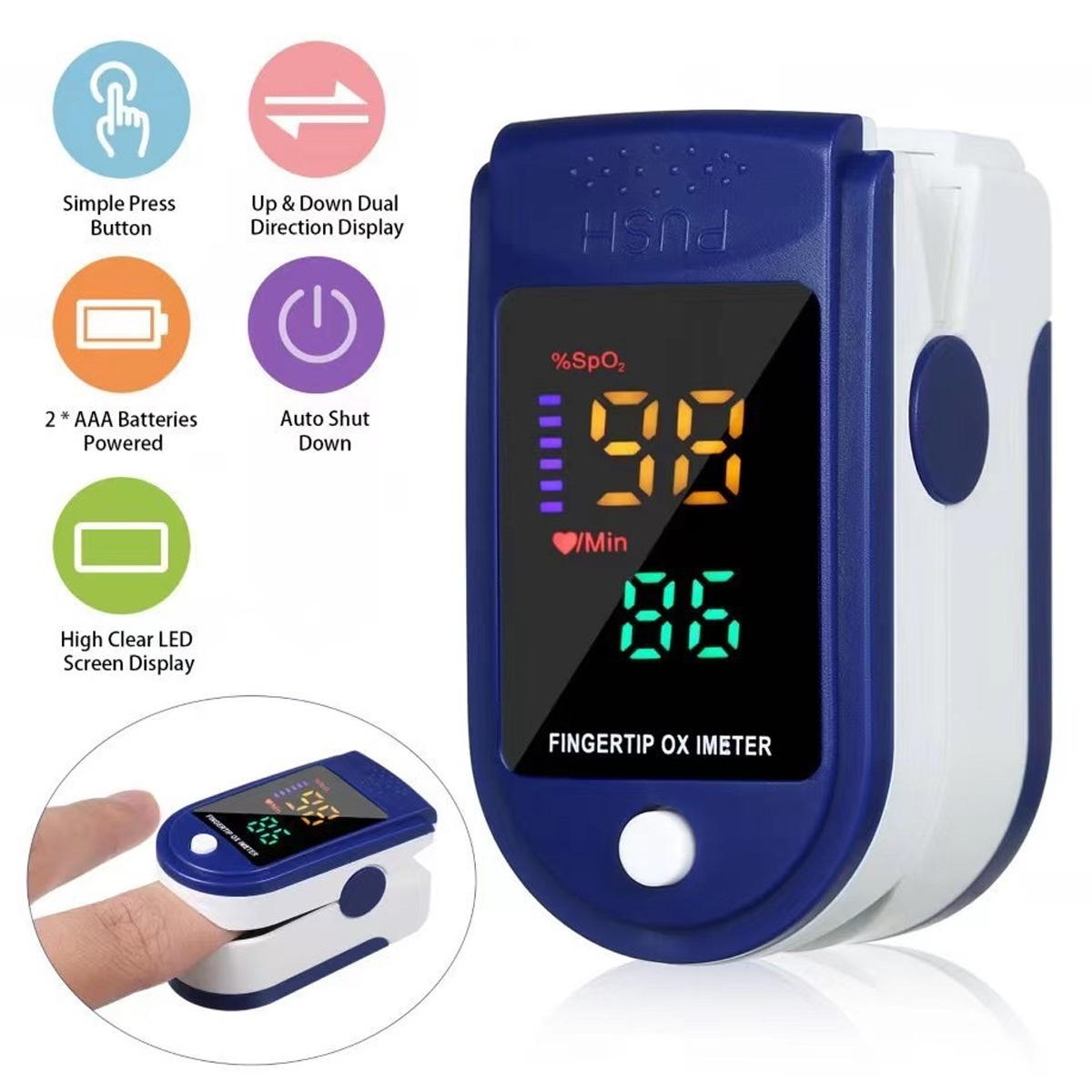 Ein blau-weißes Fingertip-Oximeter zeigt SpO2 und Pulsfrequenz an. Symbole weisen auf Funktionen wie eine einfache Drucktaste und automatische Abschaltung hin.
