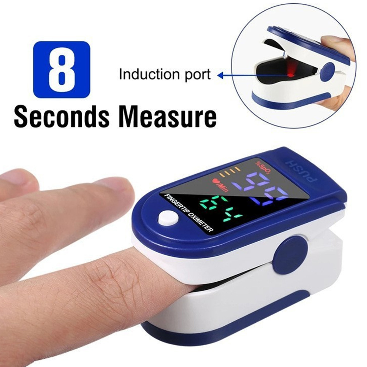 Ein Finger-Pulsoximeter misst die Sauerstoffsättigung. Ein Finger wird in das Gerät gesteckt. Das Display zeigt Messwerte an. Blaues und weißes Gerät.