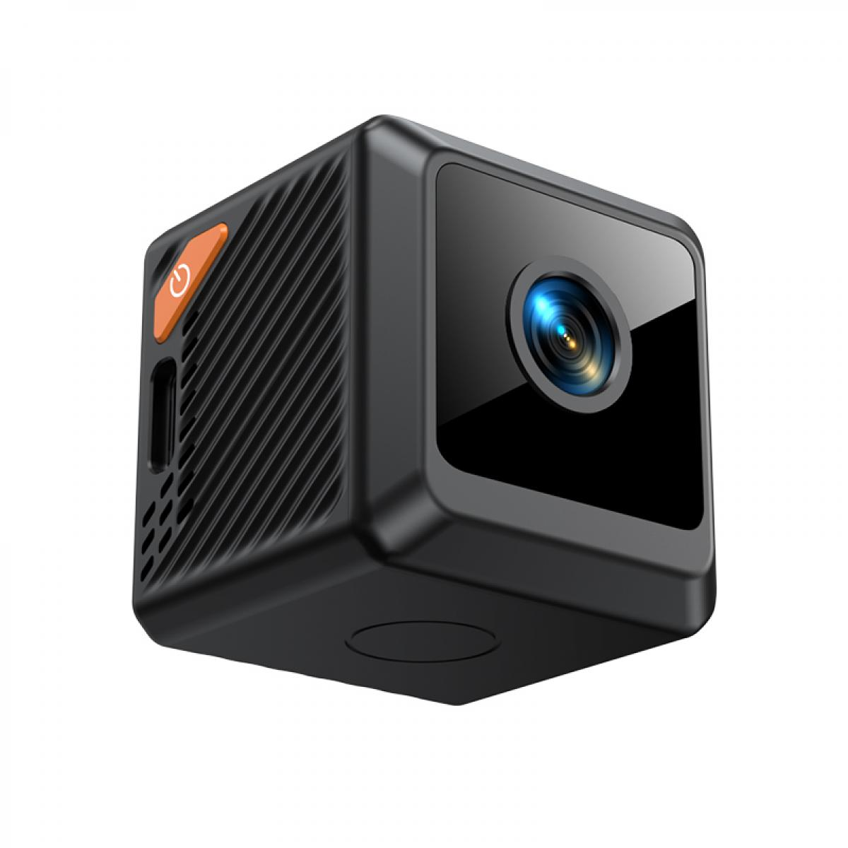Eine kleine, schwarze, würfelförmige Kamera. Sie hat ein Objektiv, einen orangefarbenen Ein- / Ausschalter und einen Lautsprechergrill. Der Hintergrund ist weiß.