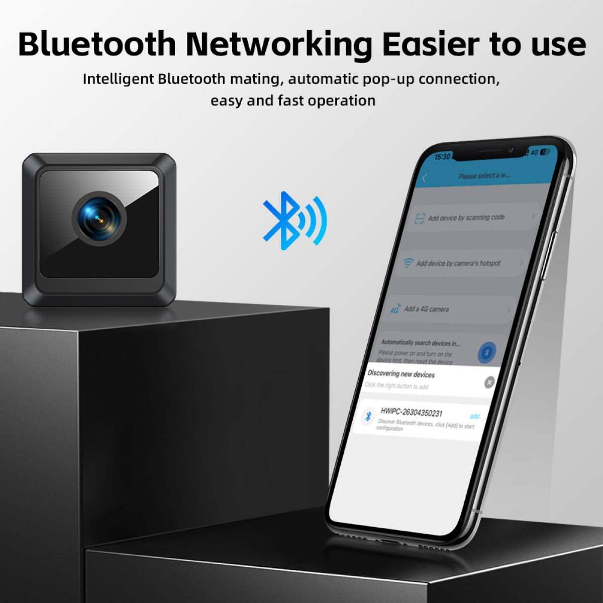Eine schwarze quadratische Kamera und ein Telefon, das eine Bluetooth-Gerätesuche anzeigt. Der Text lautet 'Bluetooth Networking Easier to use'.