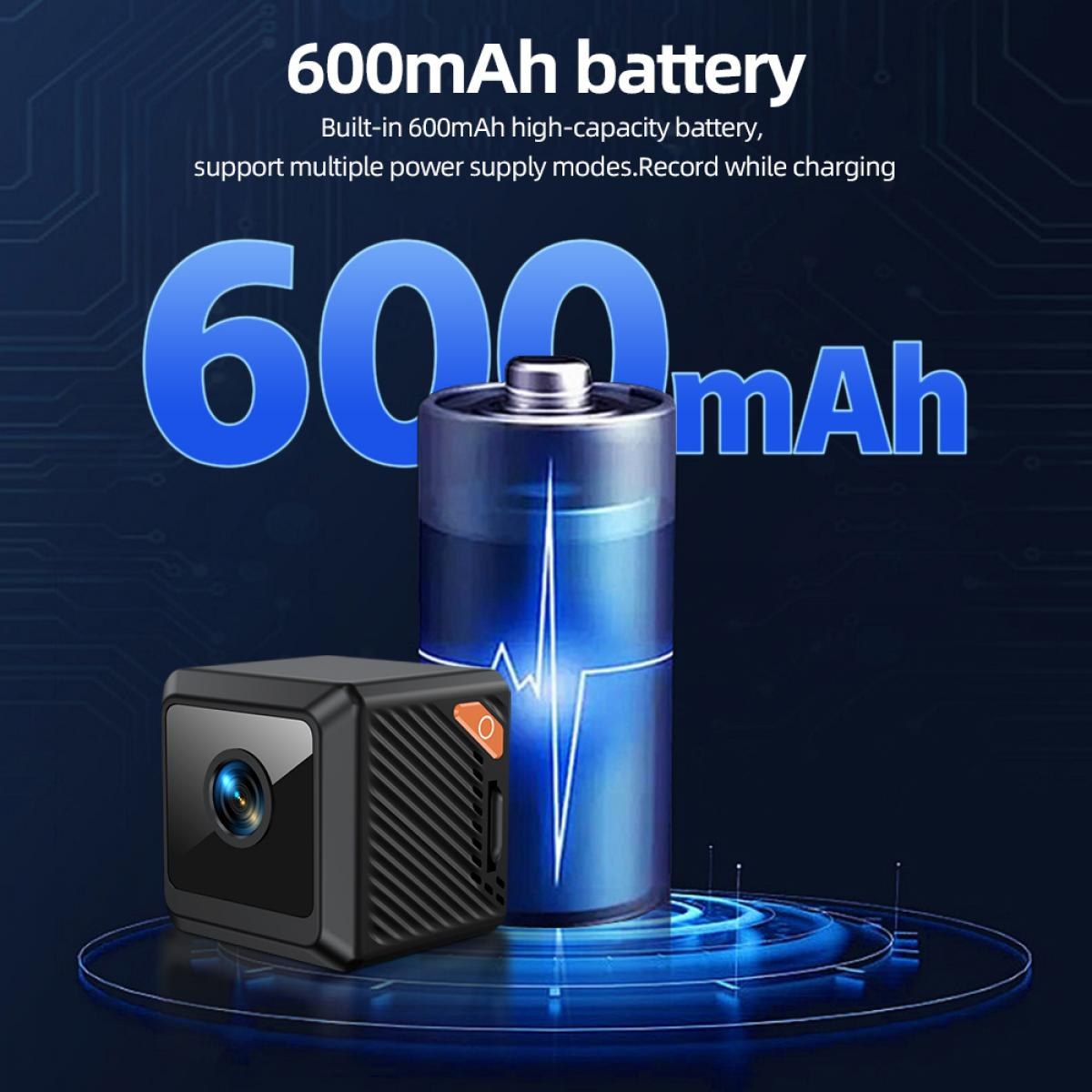 Das Bild zeigt eine kleine schwarze Kamera, eine Batterie und Text über einen 600-mAh-Akku, der mehrere Stromversorgungsmodi unterstützt.