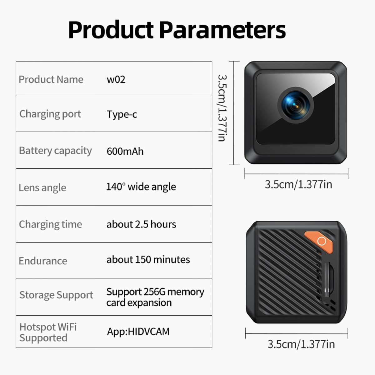 Das Bild zeigt Produktspezifikationen für eine kleine Kamera. Details umfassen Produktname, Ladeanschluss, Batteriekapazität, Linsenwinkel und Abmessungen.