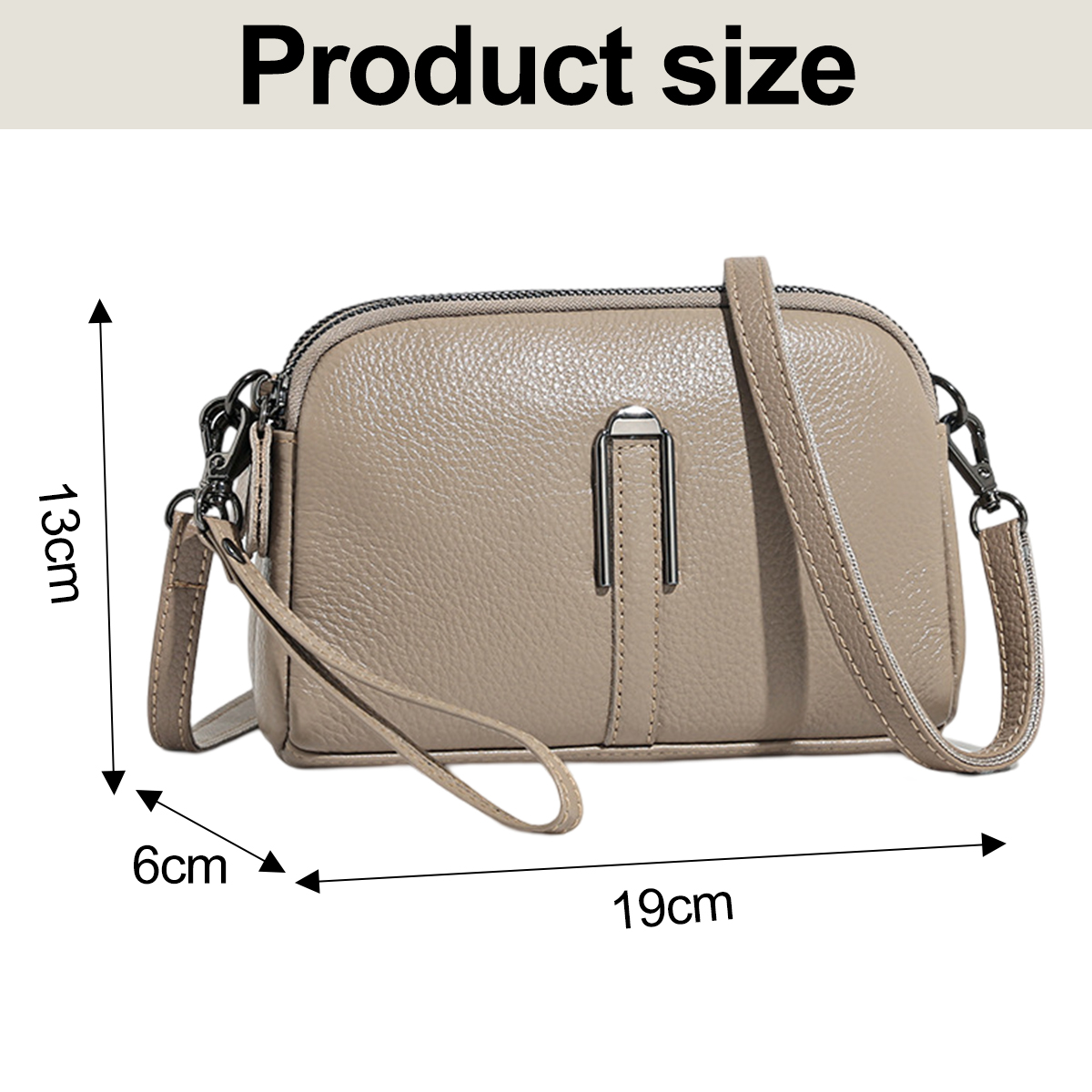 Eine taupefarbene Ledertasche mit den Maßen: 19 cm lang, 13 cm hoch und 6 cm breit. Der Text oben lautet 'Produktgröße'.