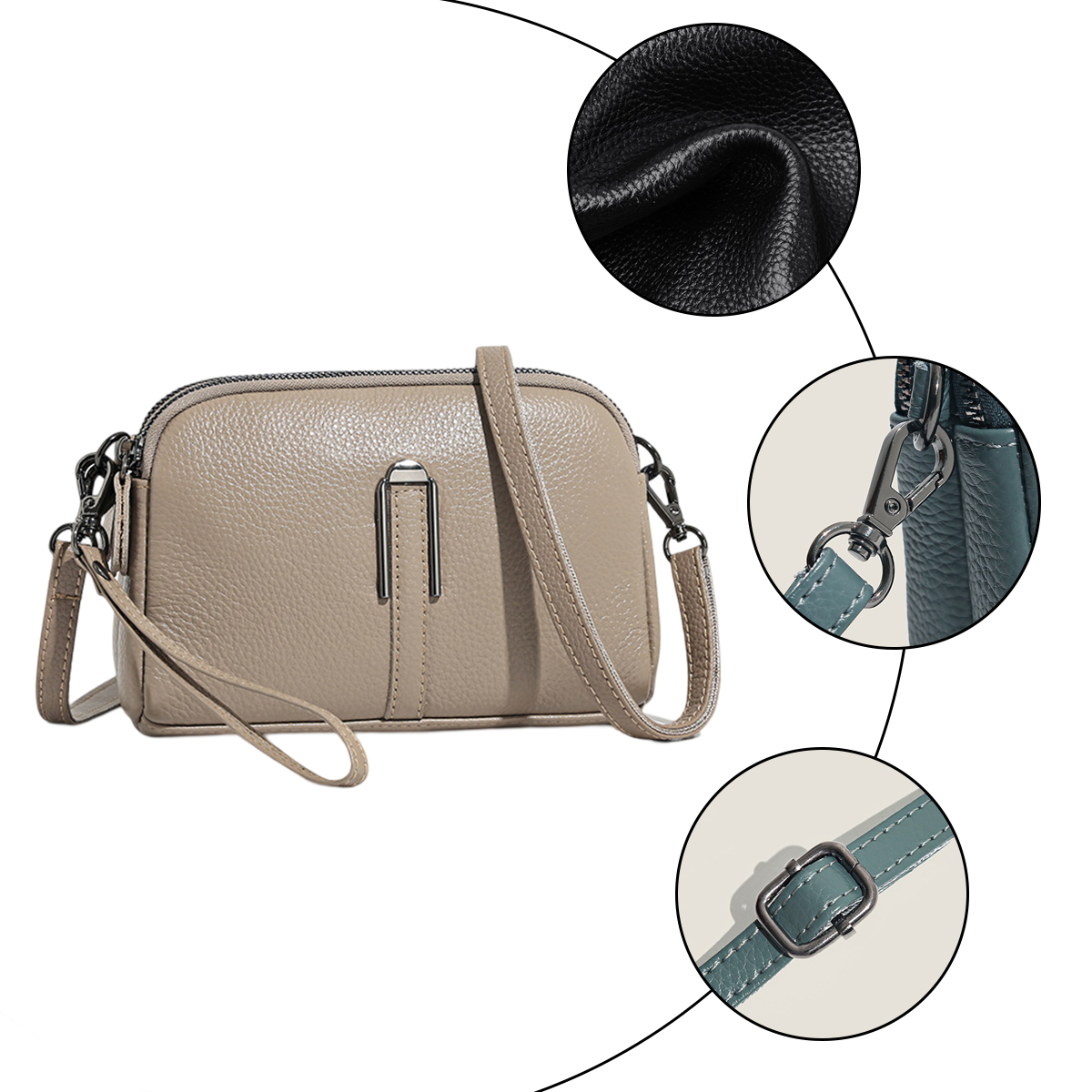 Eine beige Leder-Umhängetasche mit silbernem Verschluss und detaillierten Nahaufnahmen der Lederstruktur und der Riemendetails.