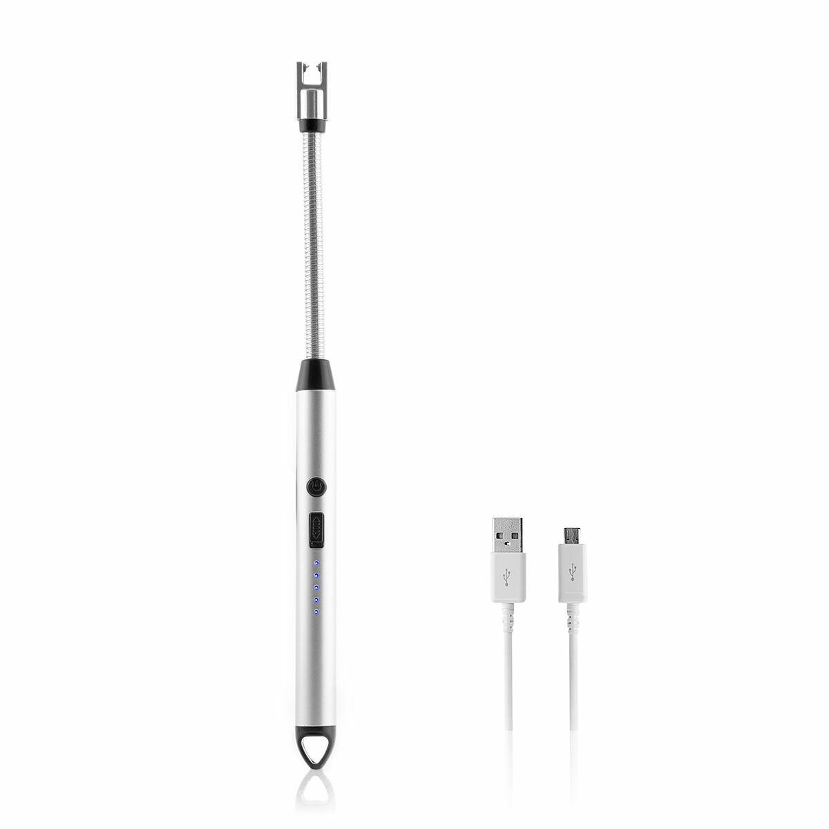 Ein silbernes elektrisches Feuerzeug mit flexiblem Hals und zwei weißen USB-Kabeln. Das Feuerzeug hat eine Power-Taste und Kontrollleuchten.