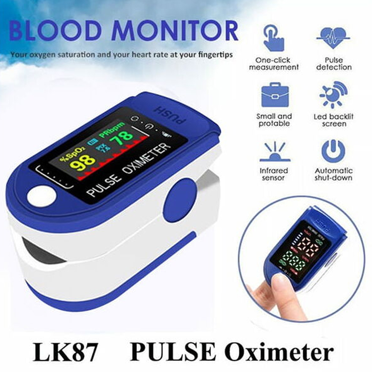 Ein blau-weißes Pulsoximeter zeigt Sauerstoffsättigung und Herzfrequenz an. Symbole zeigen Funktionen wie Ein-Klick-Messung und Pulserkennung.
