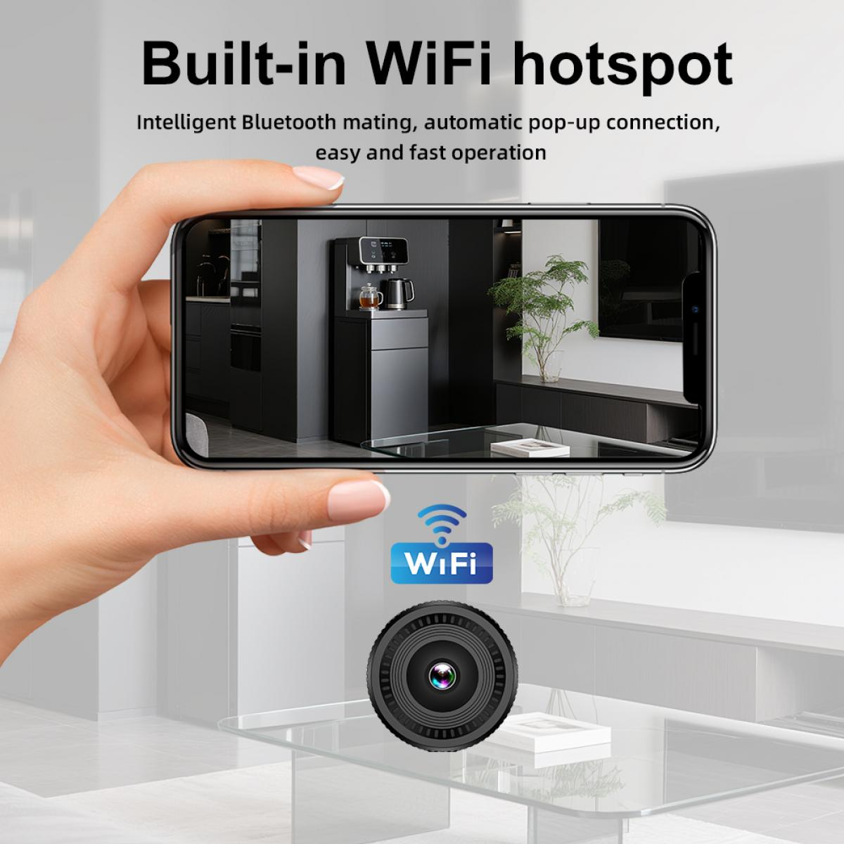 Hand, die ein Telefon hält, das ein schwarzes Gerät anzeigt. Unten eine Kamera und ein WiFi-Logo. Text: 'Built-in WiFi hotspot'.