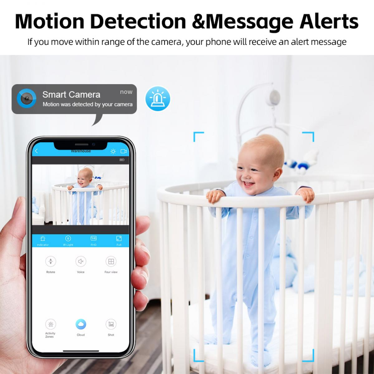 Ein Baby in einem Kinderbett wird von einem Smartphone überwacht. Das Telefon zeigt das Baby mit Bewegungserkennungsbenachrichtigungen.