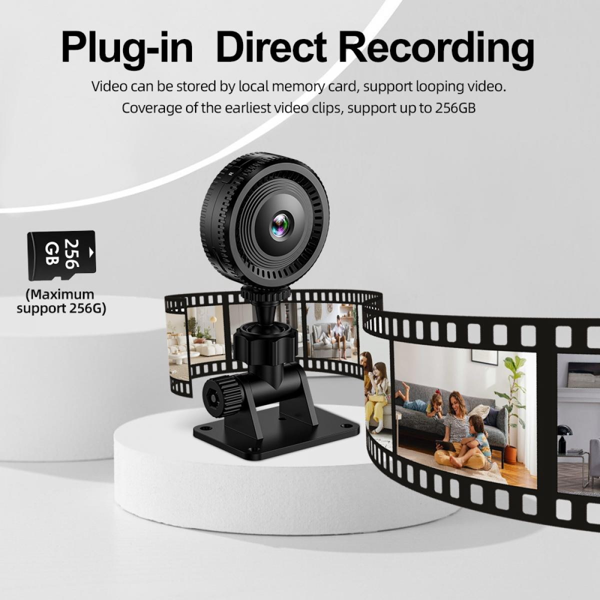 Eine schwarze Überwachungskamera auf einem Ständer mit Filmstreifen-Visuals und 256-GB-SD-Kartensymbol, was Direktaufnahmen suggeriert.