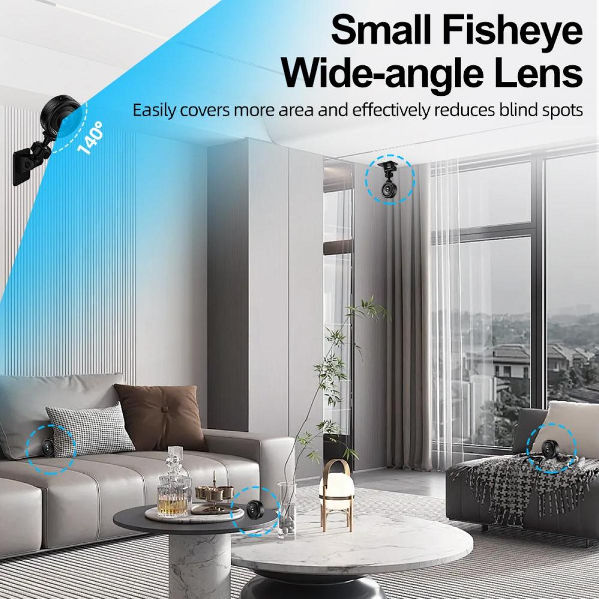 Ein Wohnzimmer mit Überwachungskameras. Text: 'Small Fisheye Wide-angle Lens'. Blauer Bereich zeigt die Kameraabdeckung.