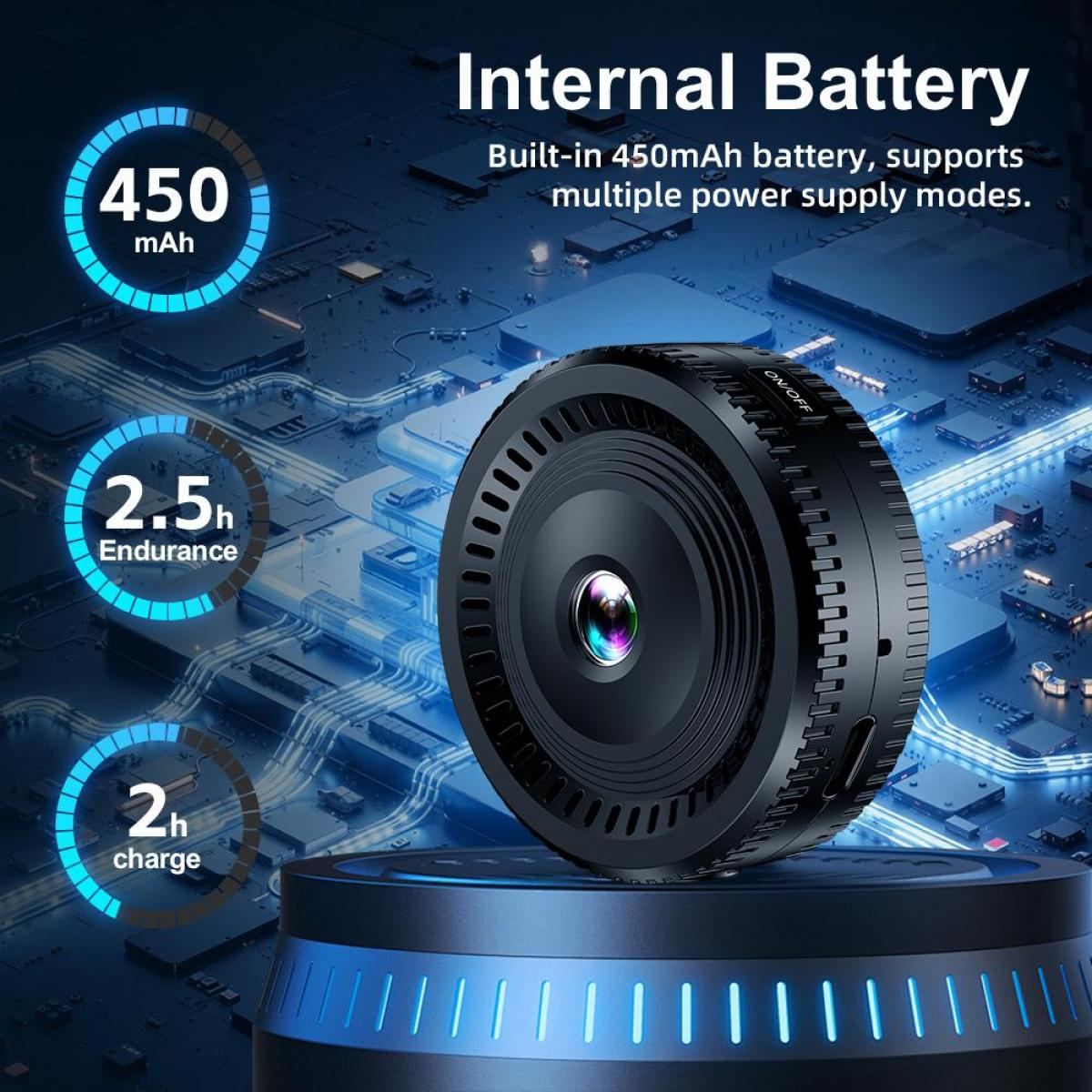 Eine schwarze Kamera mit Objektiv steht auf einem blauen Ständer. Oben sind Informationen zu Batterie, Ausdauer und Ladezeit.