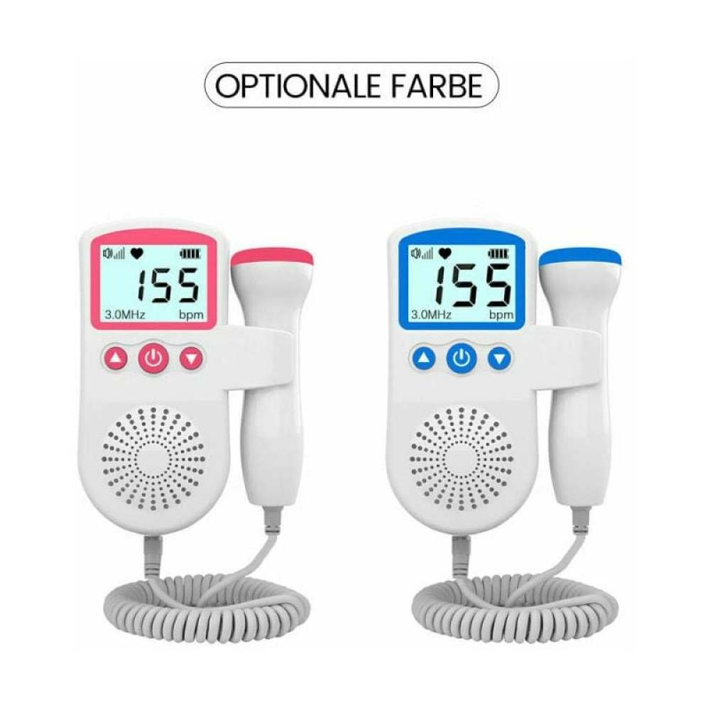 Zwei fetale Doppler, einer rot, einer blau. Jeder zeigt 155 bpm. Text "OPTIONAL COLOR" oben. Weißer Hintergrund.