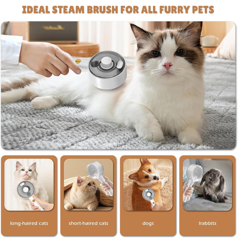 Eine Katze wird mit einer Dampfbürste gebürstet. Darunter zeigen Bilder ähnliche Bürsten, die bei Katzen, einem Hund und einem Kaninchen verwendet werden.