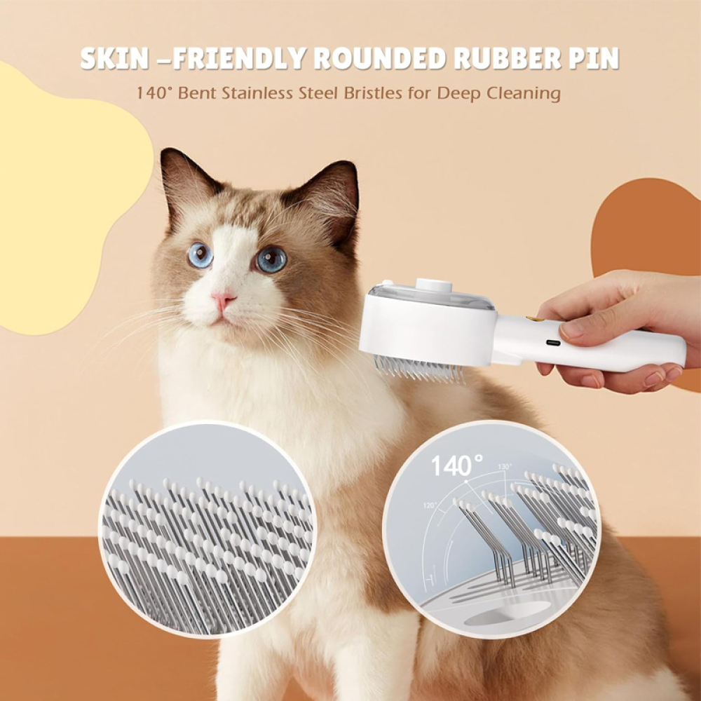Eine Katze wird mit einer weißen und grauen Bürste gebürstet. Die Bürste hat Edelstahlborsten. Der Text wirbt für hautfreundliches Design.