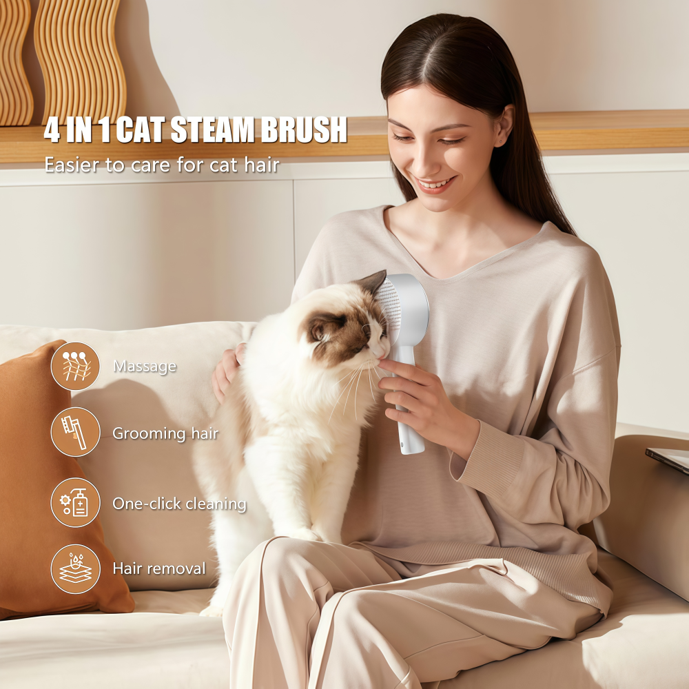 Eine Frau bürstet eine Katze mit einer weißen Bürste. Der Text lautet "4 in 1 Cat Steam Brush". Symbole zeigen Massage, Pflege, Reinigung und Haarentfernung.