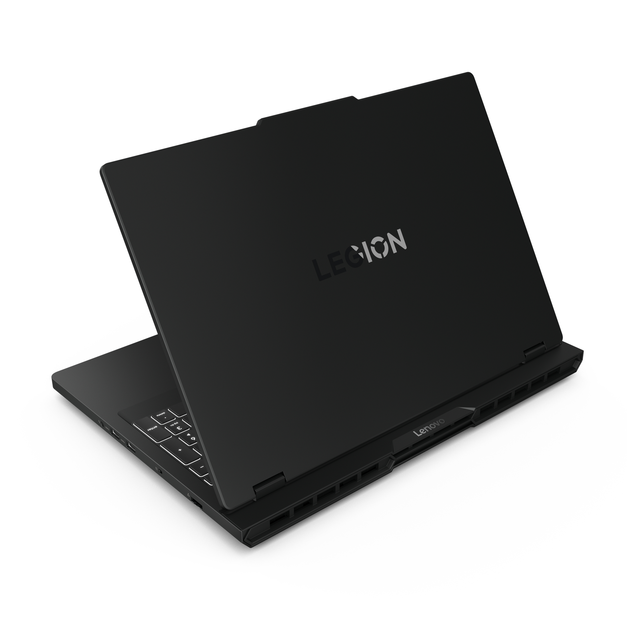 Laptop Lenovo Legion nero, parzialmente aperto. Logo Legion sul coperchio. Sfondo bianco, tastiera visibile.