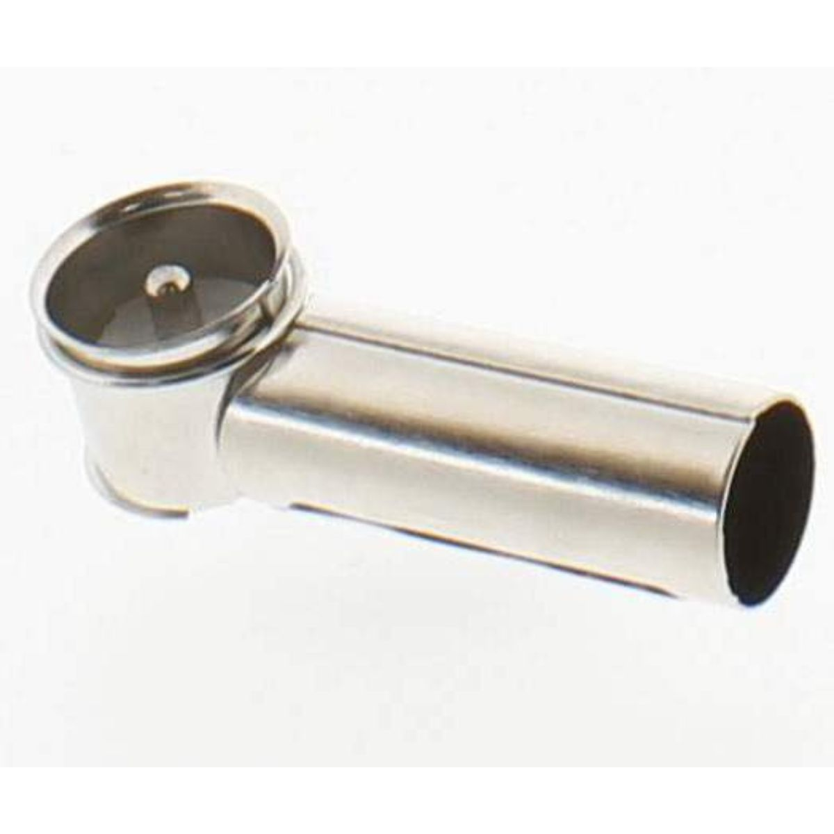 Ein silberner Metall-Koaxialstecker mit zylindrischem Körper und buchsenartigem Ende auf weißem Hintergrund.