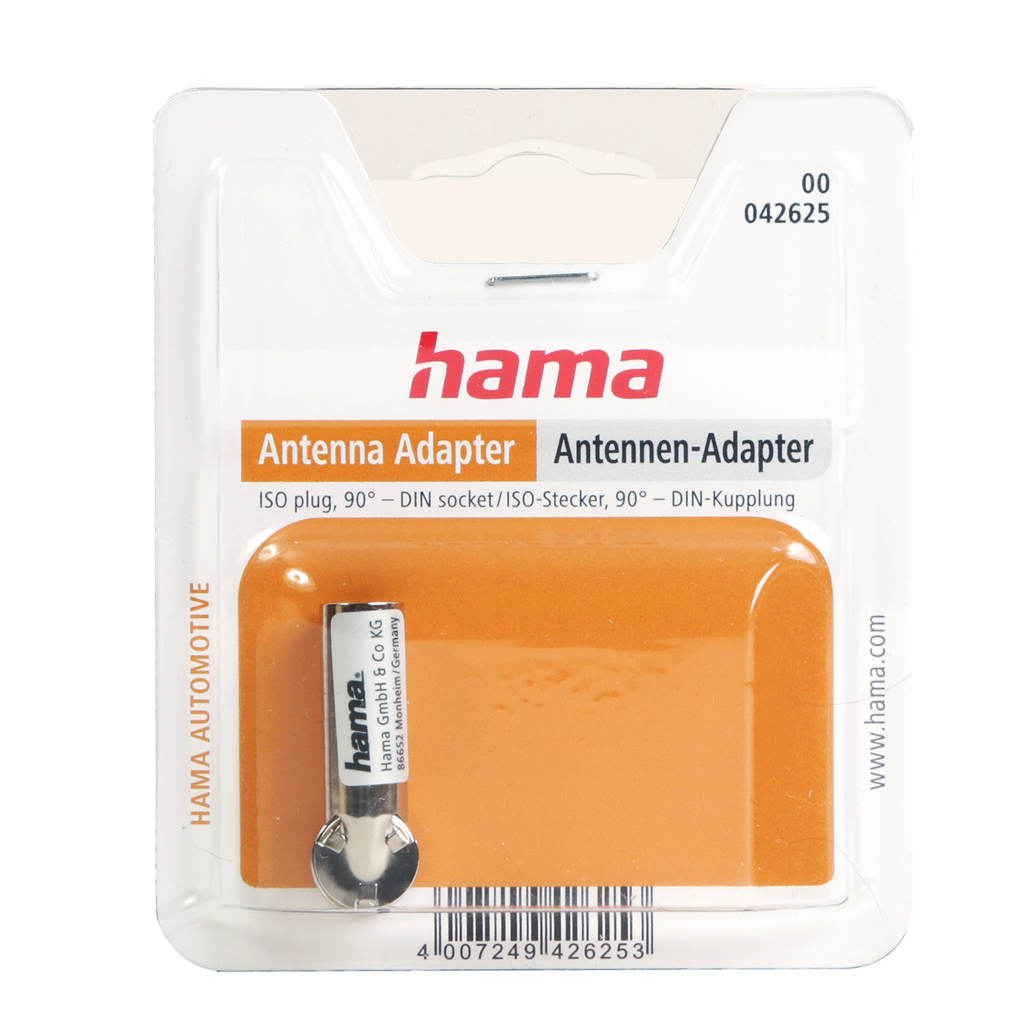 Ein Hama-Antennenadapter in einer transparenten Kunststoffverpackung. Es ist orange und silber. Der Text enthält 'Antennenadapter' und 'Hama'.