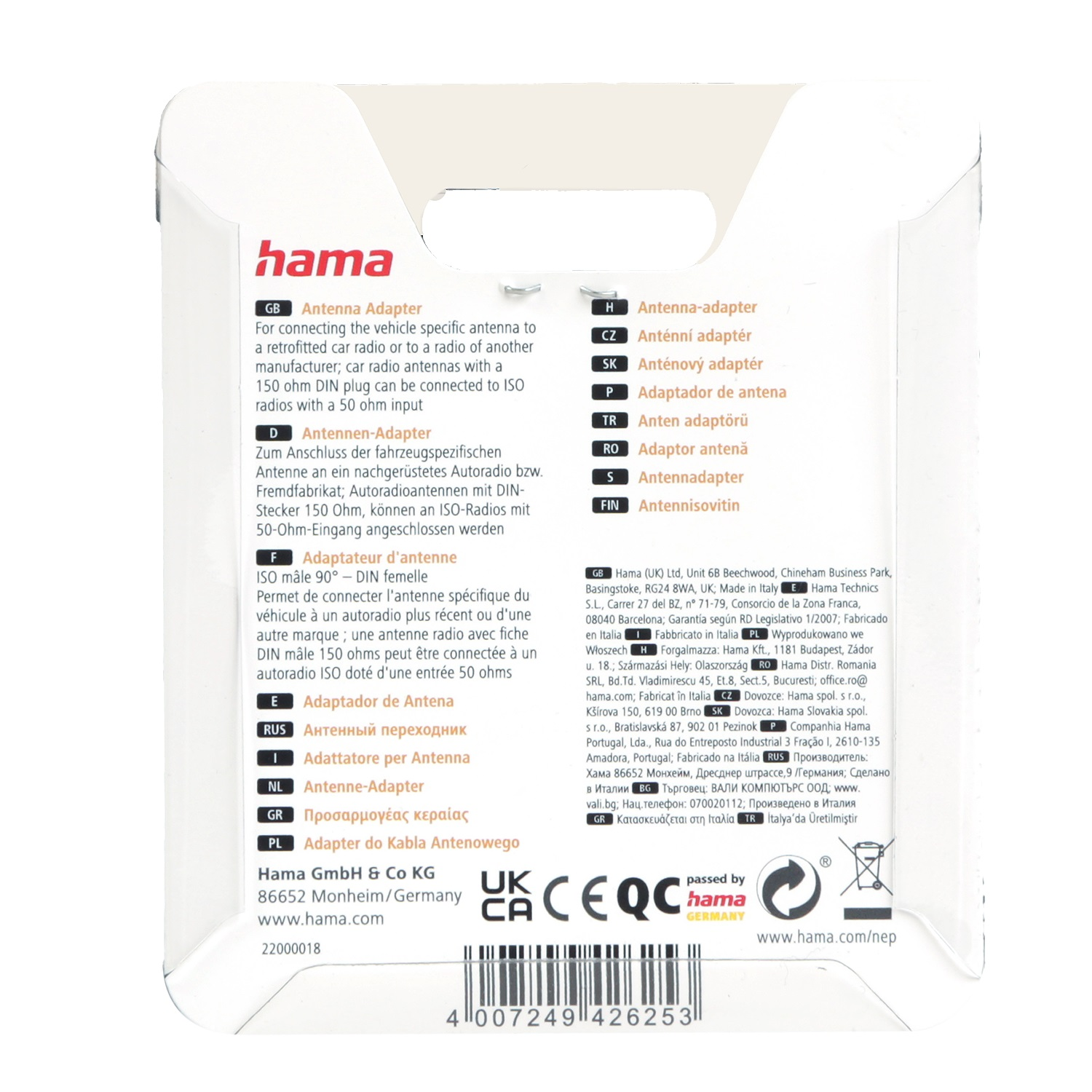 Weißer Hama-Karton mit Text in mehreren Sprachen, darunter Englisch. Es ist ein Antennenadapter, mit Produktdetails und Logos.