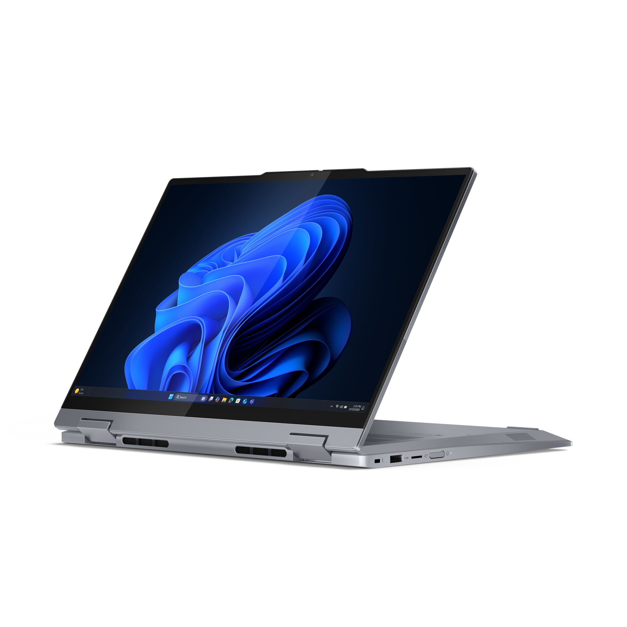 Un laptop argentato è aperto, mostra uno sfondo blu e nero di Windows 11. Lo schermo è inclinato verso l'alto.