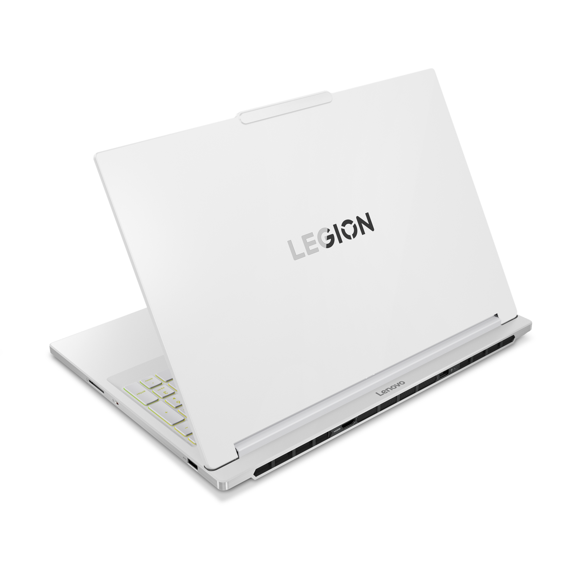 Laptop Lenovo Legion bianco, parzialmente aperto. La parola LEGION è visibile sul coperchio. La tastiera è parzialmente visibile.