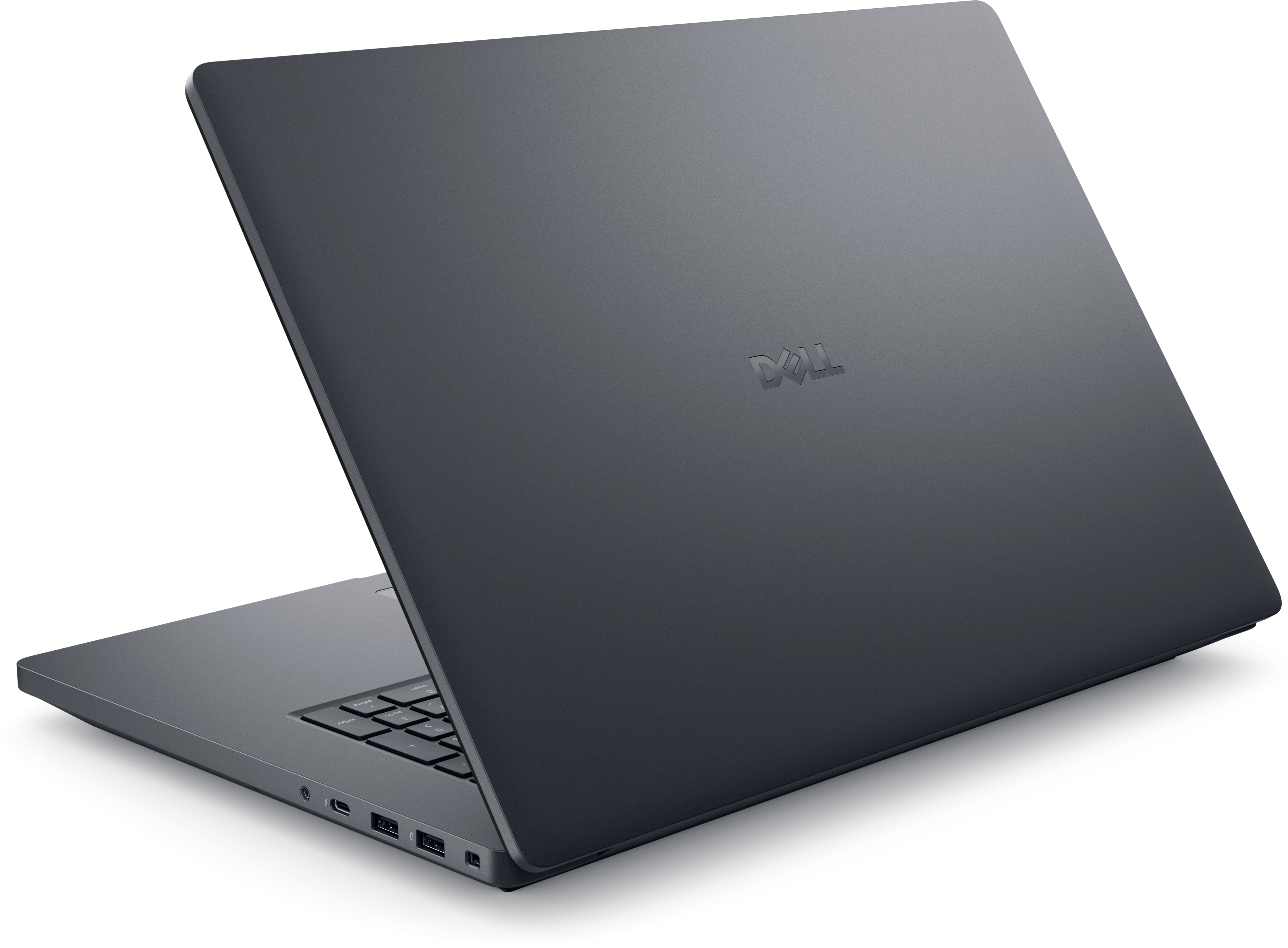 Un laptop Dell grigio scuro è mostrato in diagonale. Il coperchio è aperto. Il logo Dell è visibile sul retro. La tastiera è visibile.