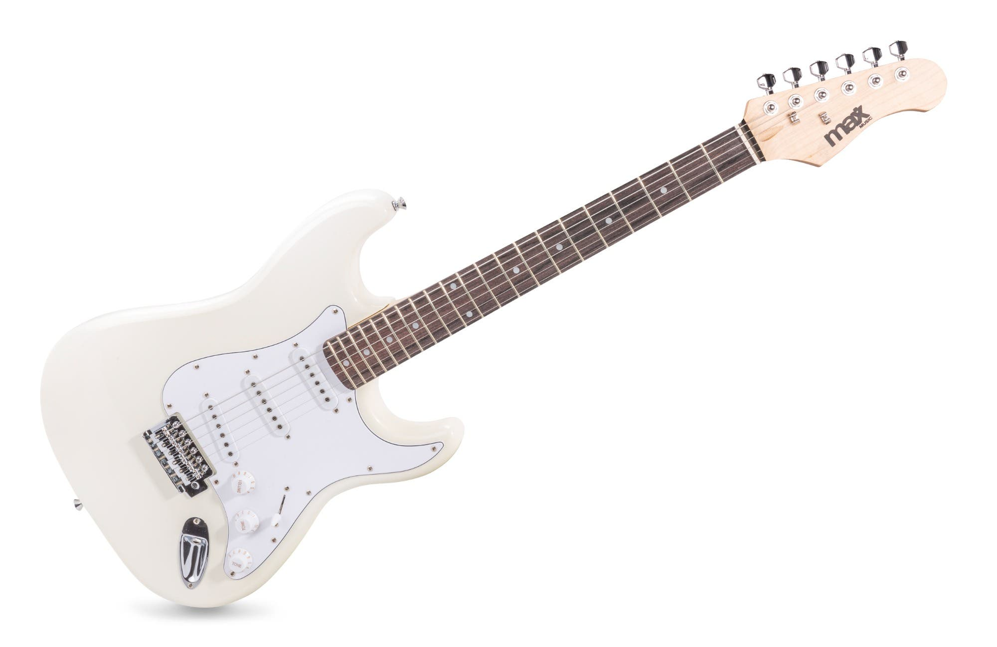 Eine weiße E-Gitarre mit Holz Hals und Kopfplatte. Die Gitarre hat ein Schlagbrett, Saiten und Stimmwirbel. Der Hintergrund ist weiß.
