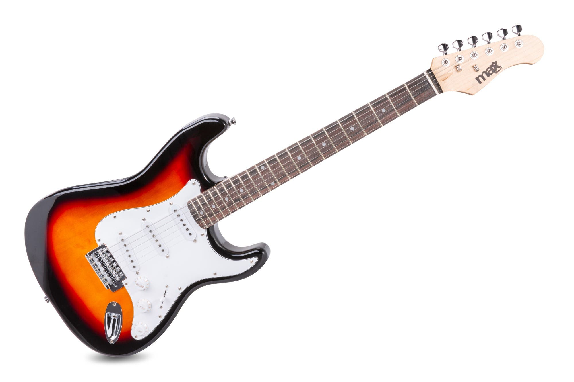 Eine E-Gitarre mit einem schwarzen, orangefarbenen und weißen Korpus. Der Hals ist holzfarben. Der Hintergrund ist weiß.
