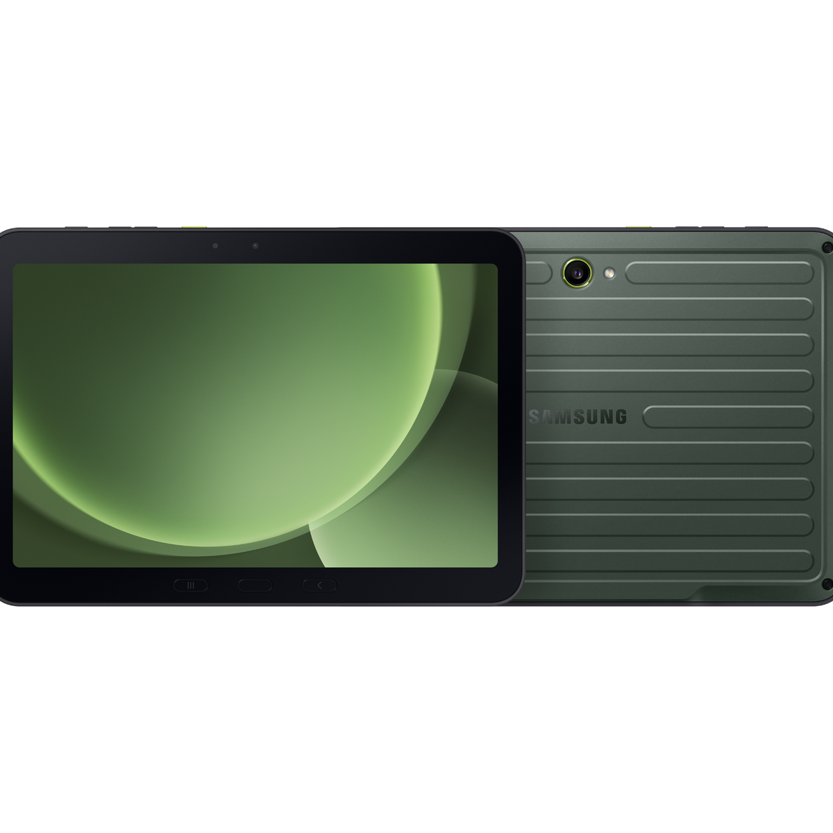 Tablet Samsung pokazuje przód i tył. Przód wyświetla zielony ekran, tył jest oliwkowozielony.