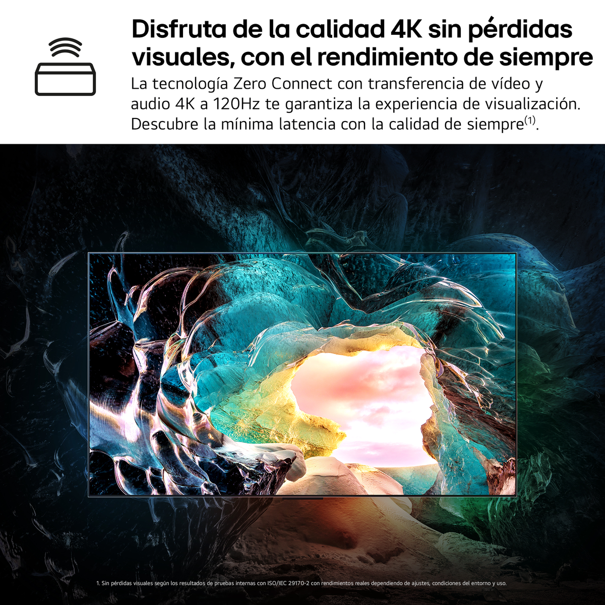 Reklama pokazuje tekst o jakości 4K i wyświetlacz z obrazem przypominającym jaskinię, w kolorach niebieskim, żółtym i różowym. Ikona Wi-Fi znajduje się w lewym górnym rogu.