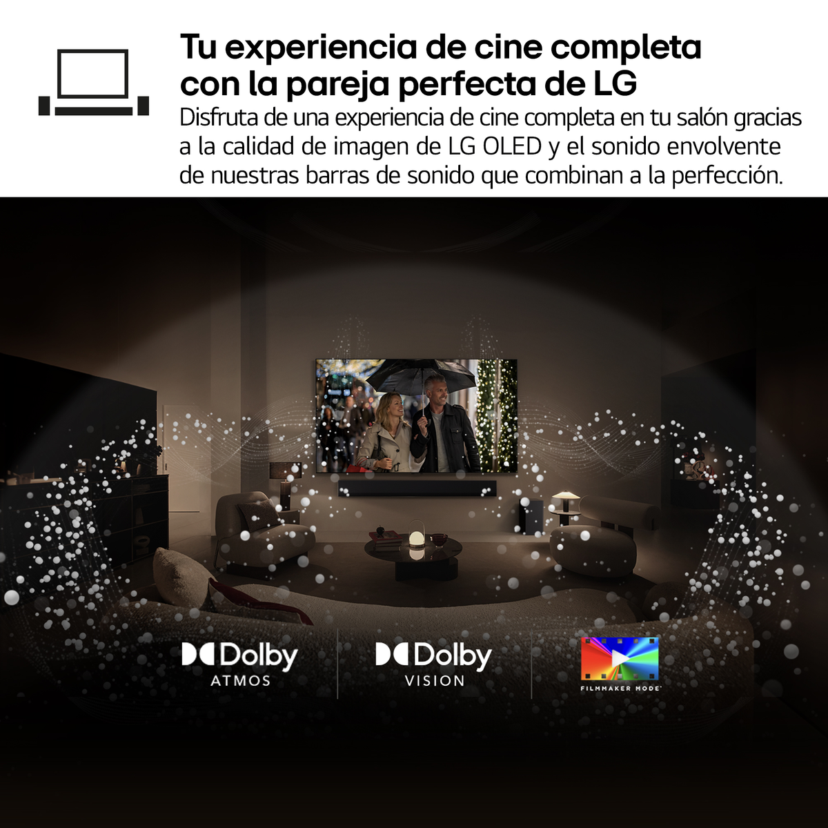Salon z telewizorem pokazującym parę pod parasolem, soundbarem LG, logo Dolby Atmos/Vision i sofą. Tekst: "Tu experiencia de cine".
