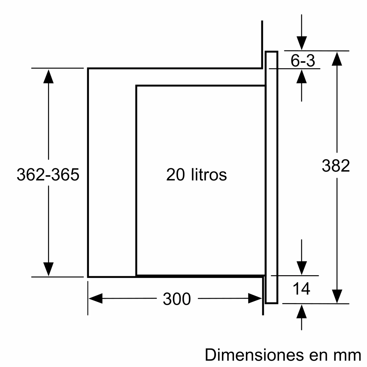 Diagram z wymiarami w milimetrach. Pokazuje kwadrat, oznaczony '20 litros', z wymiarami: 362-365, 300, 382, 6-3 i 14.