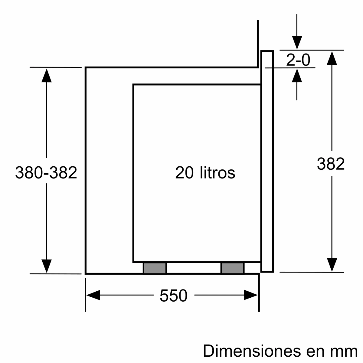 Diagram prostokątnego obiektu z wymiarami: 380-382mm wysokości, 550mm szerokości. Oznaczone '20 litros'. 'Dimensiones en mm'.