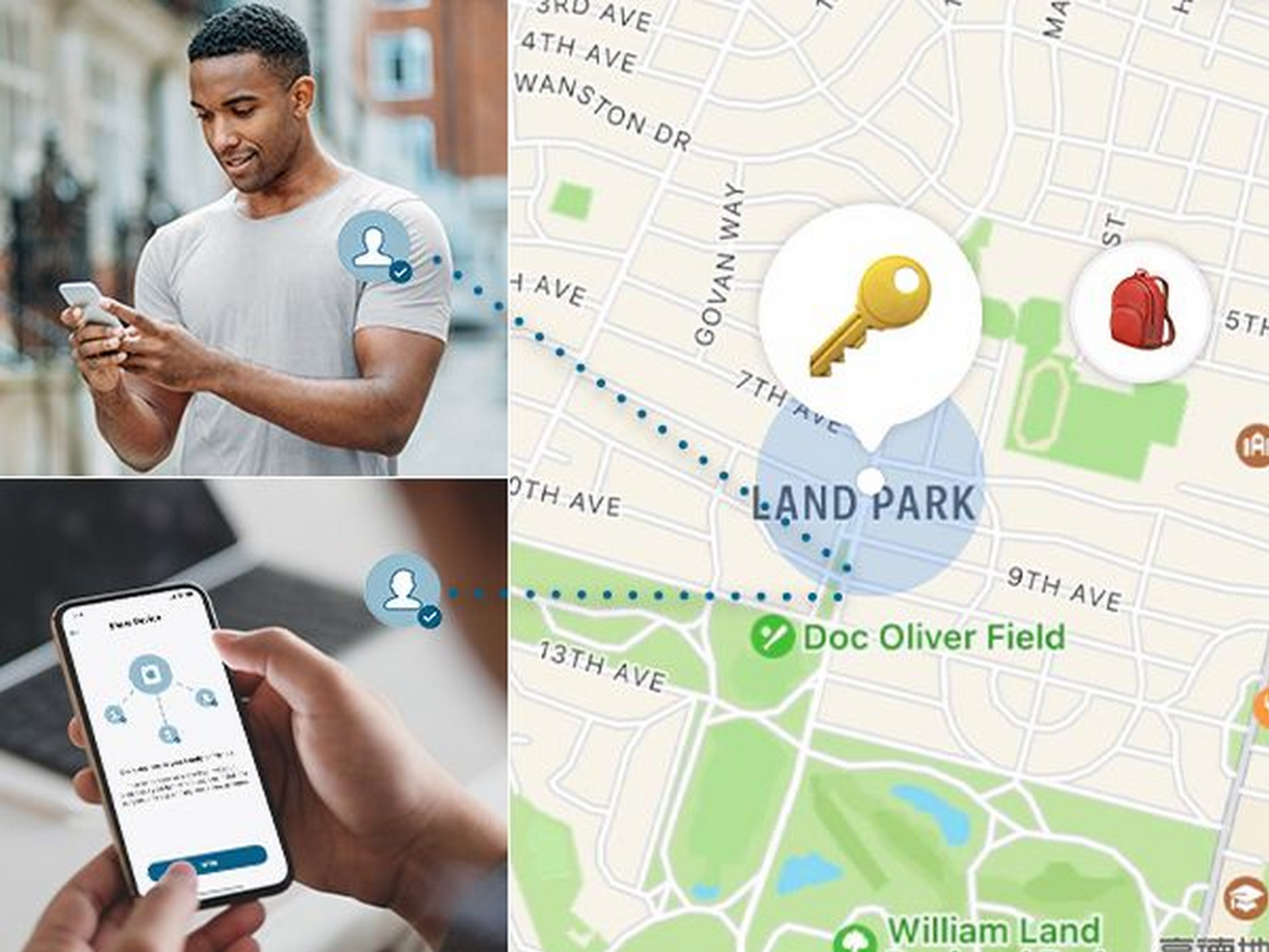 Uomo che guarda il telefono, mappa che mostra la posizione con icone di chiave e zaino. Un'altra persona usa un telefono con la stessa app.