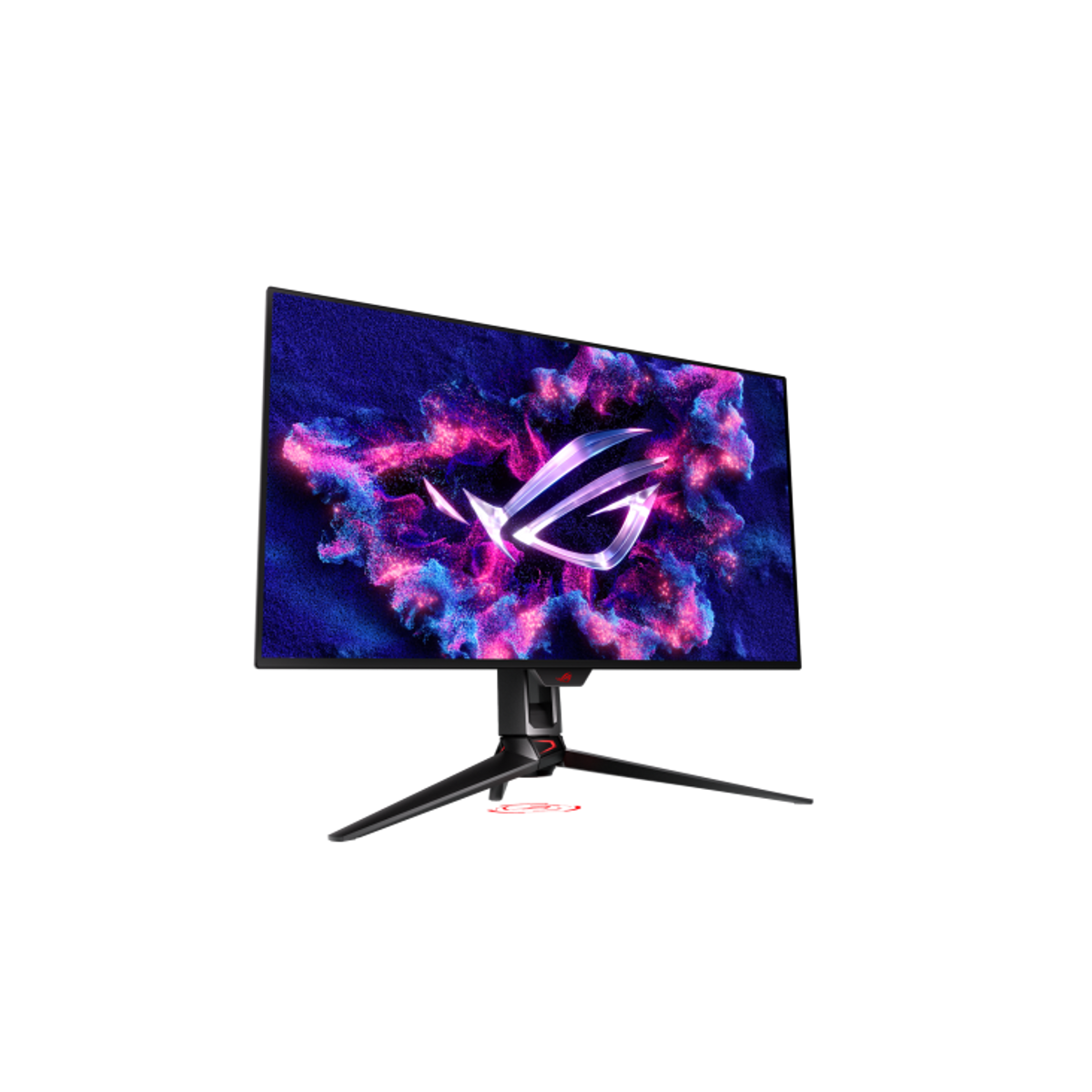 Monitor do gier, czarna ramka, logo ROG na ekranie. Abstrakcyjny wzór z niebieskim, fioletowym i białym. Czarny stojak.