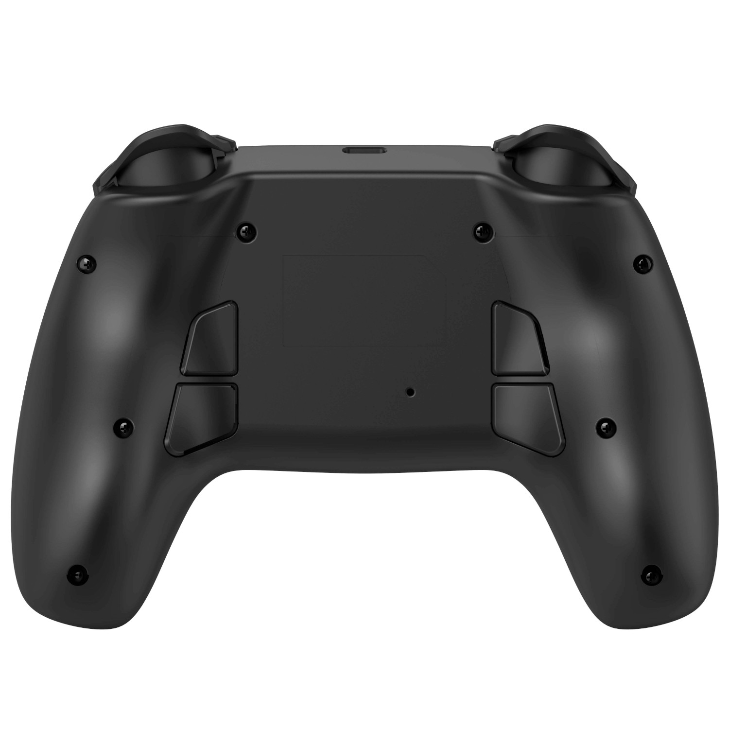 Czarny kontroler do gier. Posiada przyciski, spusty i analogowe gałki. Kontroler jest przeznaczony do gier.