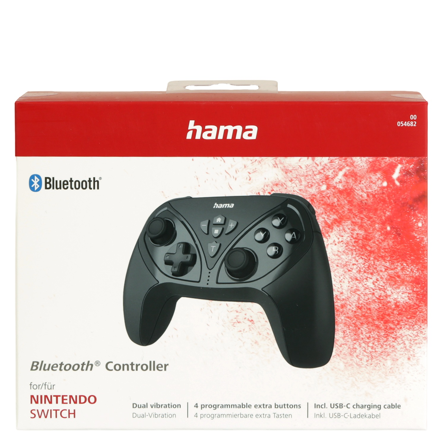 Czarny kontroler Bluetooth Hama do Nintendo Switch jest pokazany na pudełku. Pudełko ma logo Hama, logo Bluetooth i czerwoną górę.