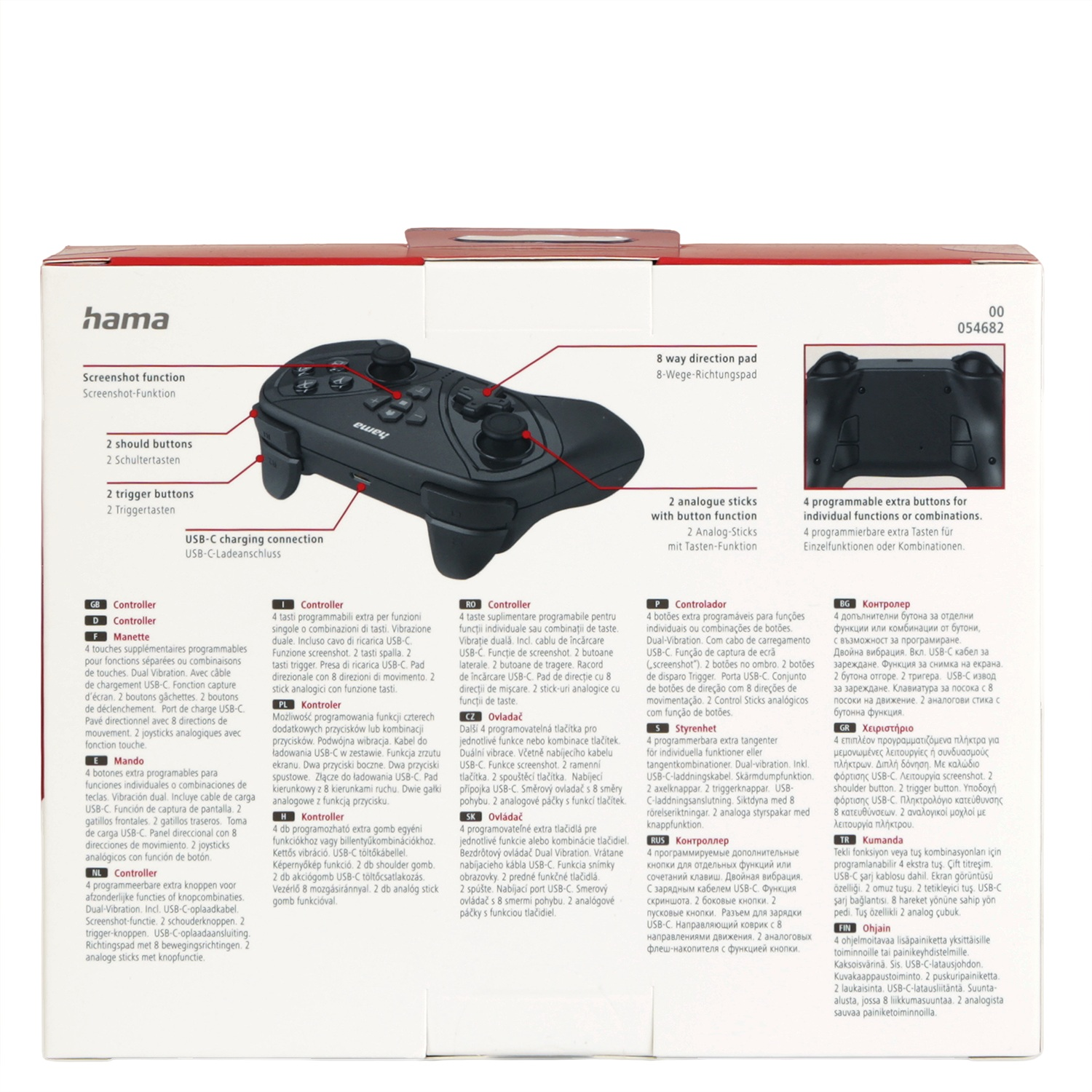 Czarny kontroler do gier z przyciskami, joystickami i portem ładowania USB-C, na białym tle.