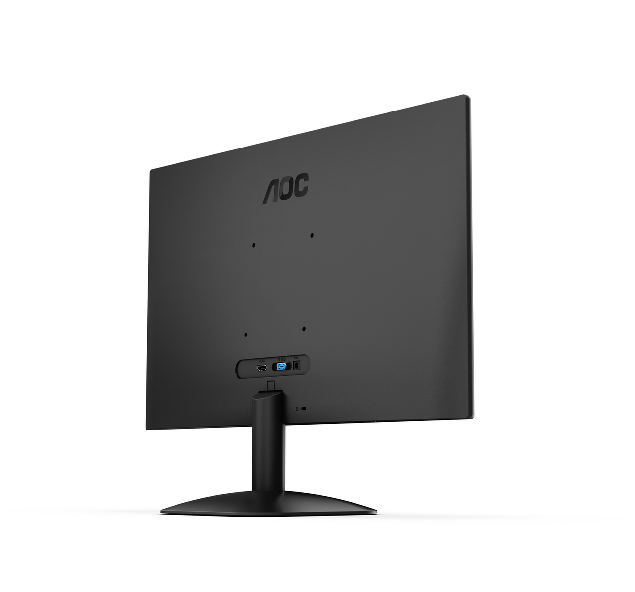 Widok z tyłu czarnego monitora AOC. Ma podstawkę i porty, takie jak HDMI i VGA. Widoczne jest logo AOC.