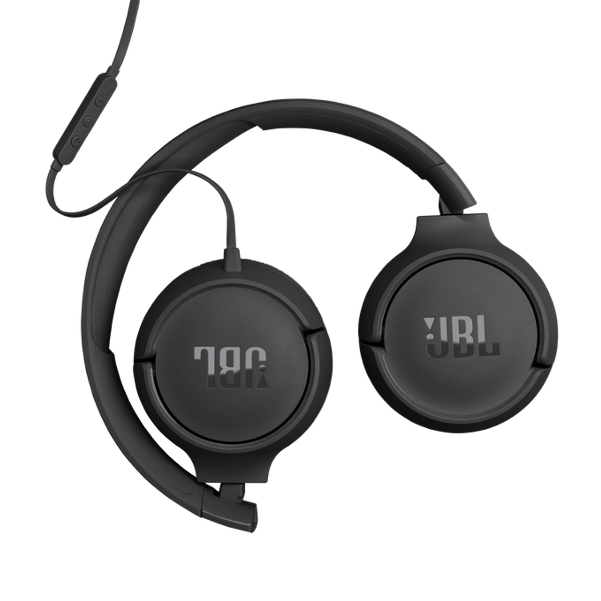 Cuffie JBL nere con ganci per le orecchie e controlli in linea. Il logo JBL è visibile sui padiglioni. Lo sfondo è nero.
