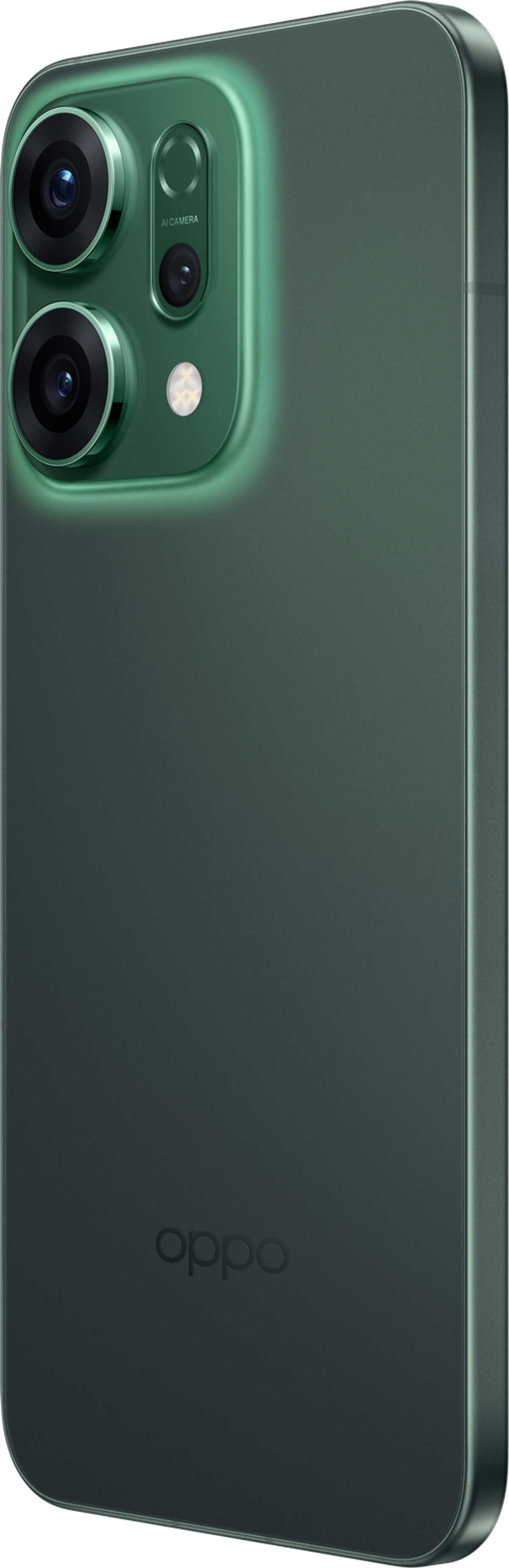 Zielony smartfon Oppo z potrójnym aparatem. Tył jest ciemnozielony, z logo Oppo. Moduł aparatu jest również zielony.