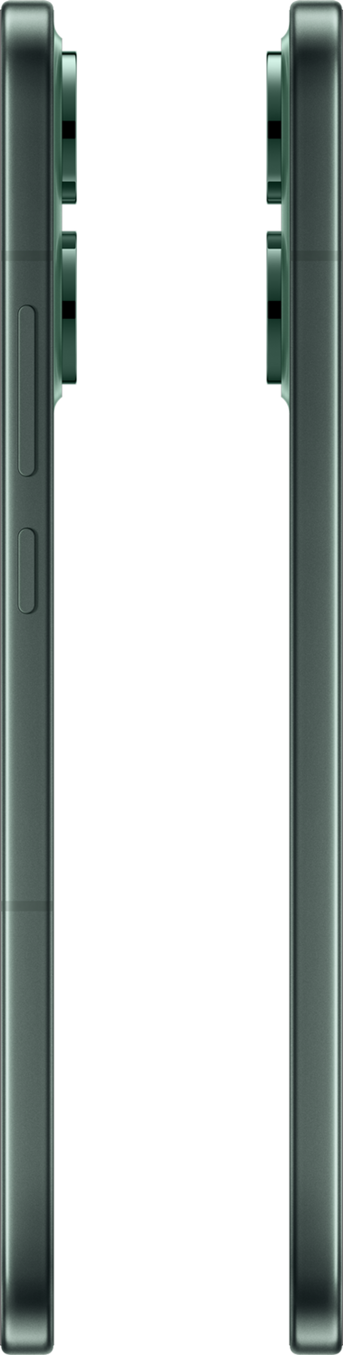 Dwa boki ciemnozielonego smartfona. Po lewej przyciski głośności i przełącznik wyciszenia. Po prawej obiektywy.