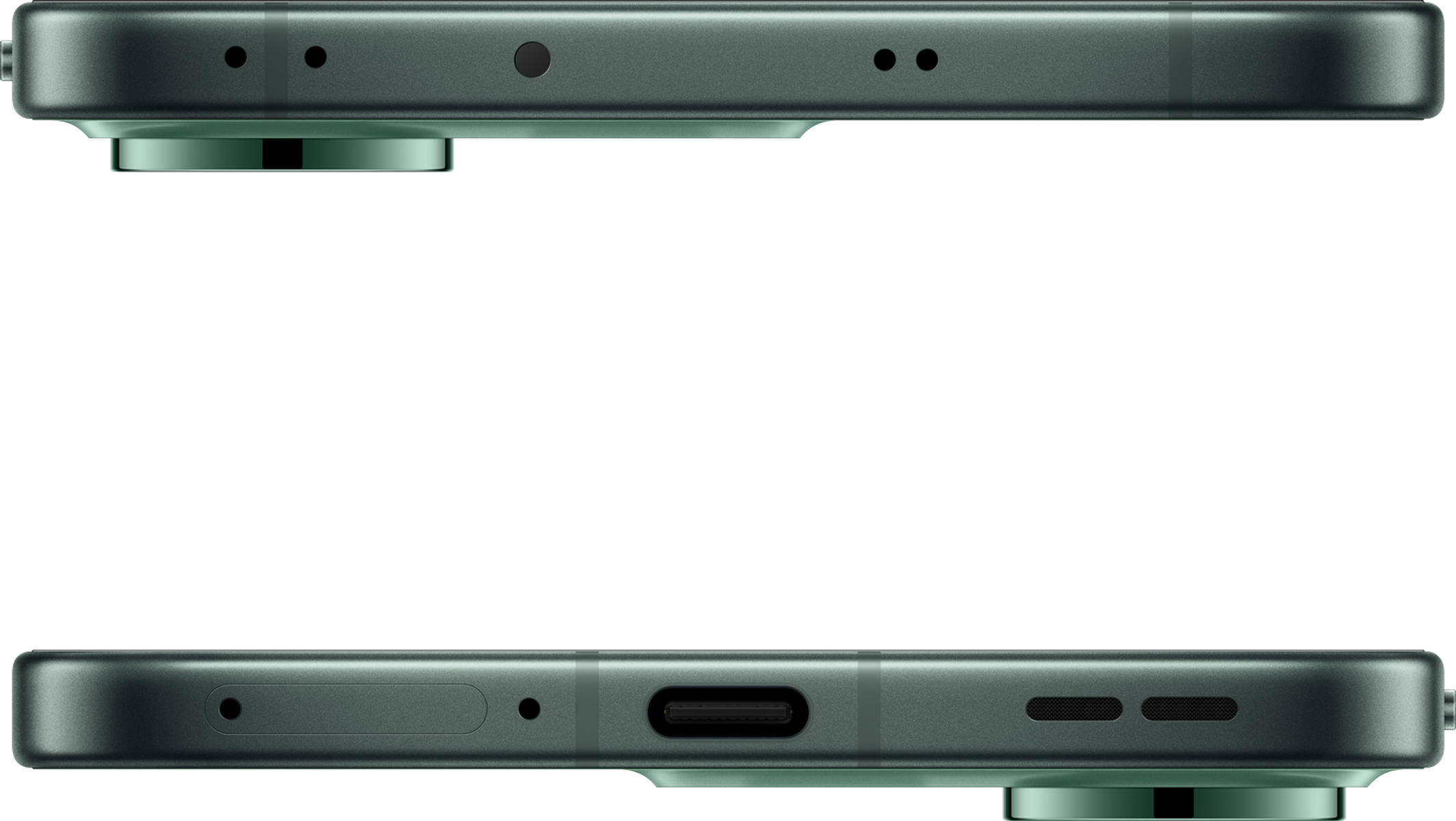 Zbliżenie ciemnozielonego telefonu. Widoczne górna i dolna krawędź z portami, przyciskami i maskownicami głośników na czarnym tle.