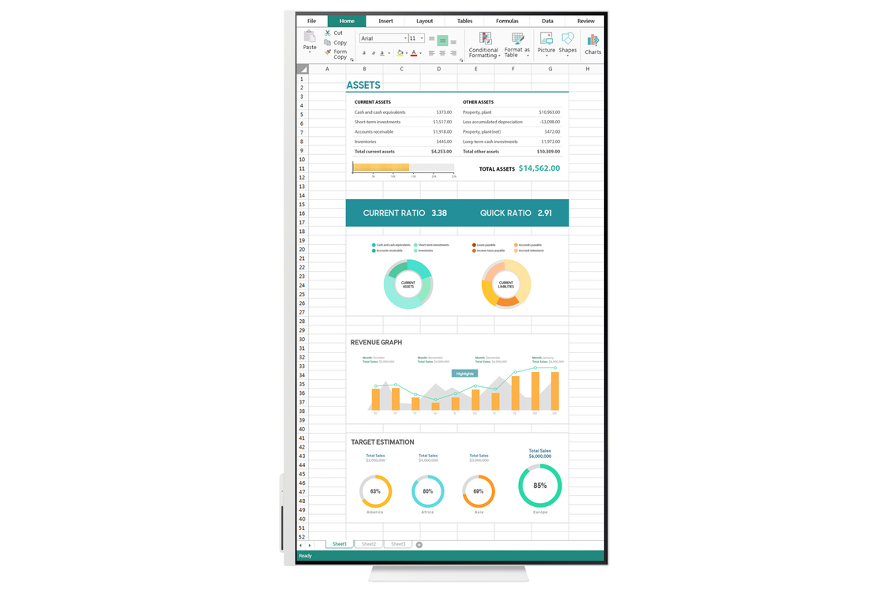 Arkusz kalkulacyjny wyświetla dane finansowe, wykresy i procenty. Sekcje obejmują aktywa, wskaźniki, wykres przychodów i szacunki celów.