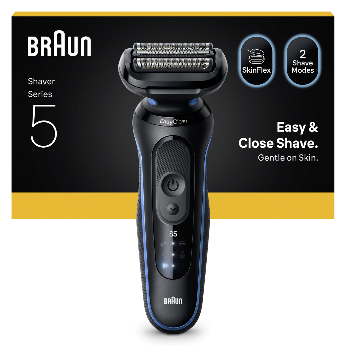 Un rasoio Braun Serie 5 nero e blu, con il logo Braun e il testo: Easy & Close Shave. Gentle on Skin.