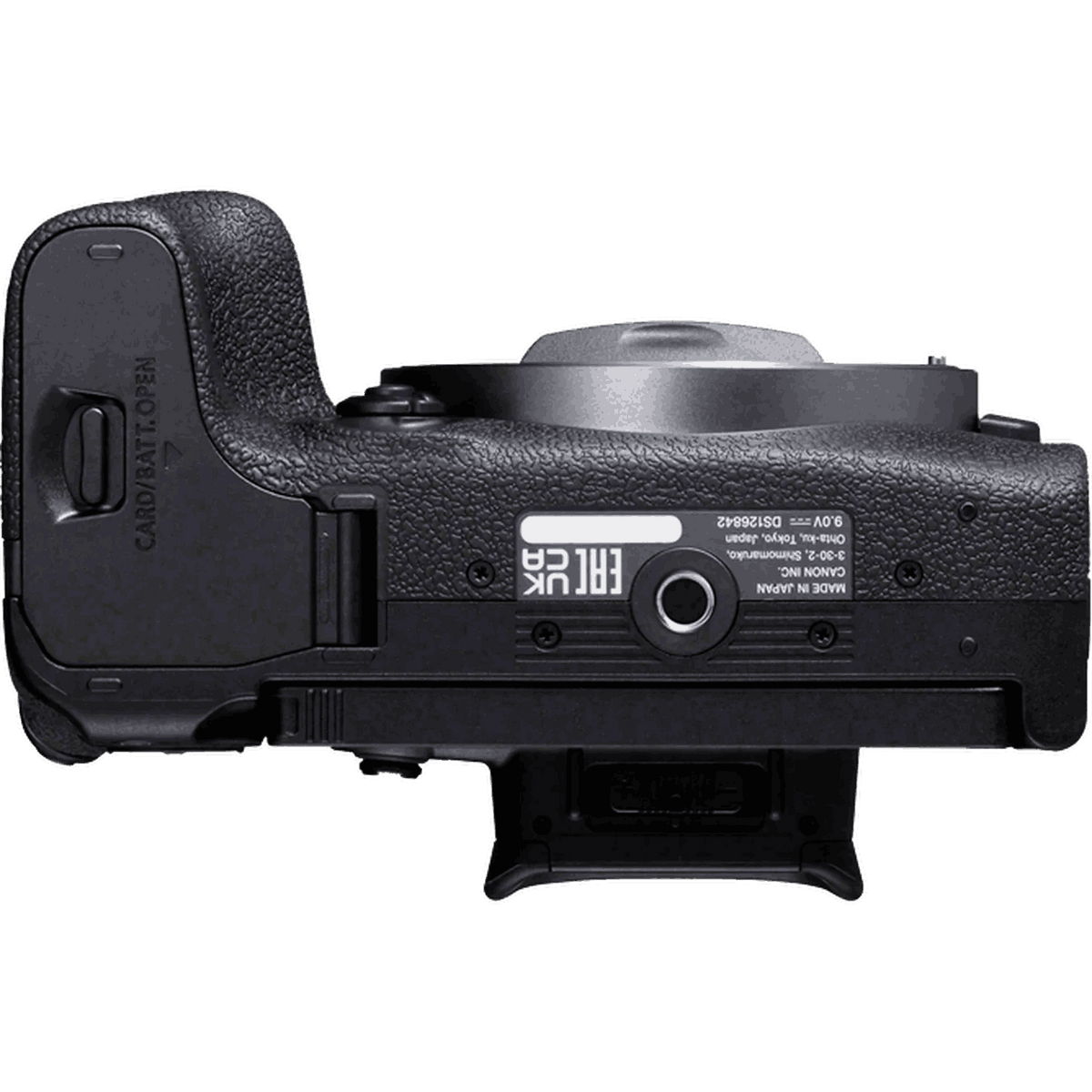 Top view of a black camera. Features include a lens mount, card/batt open slot, and various markings on the camera body.