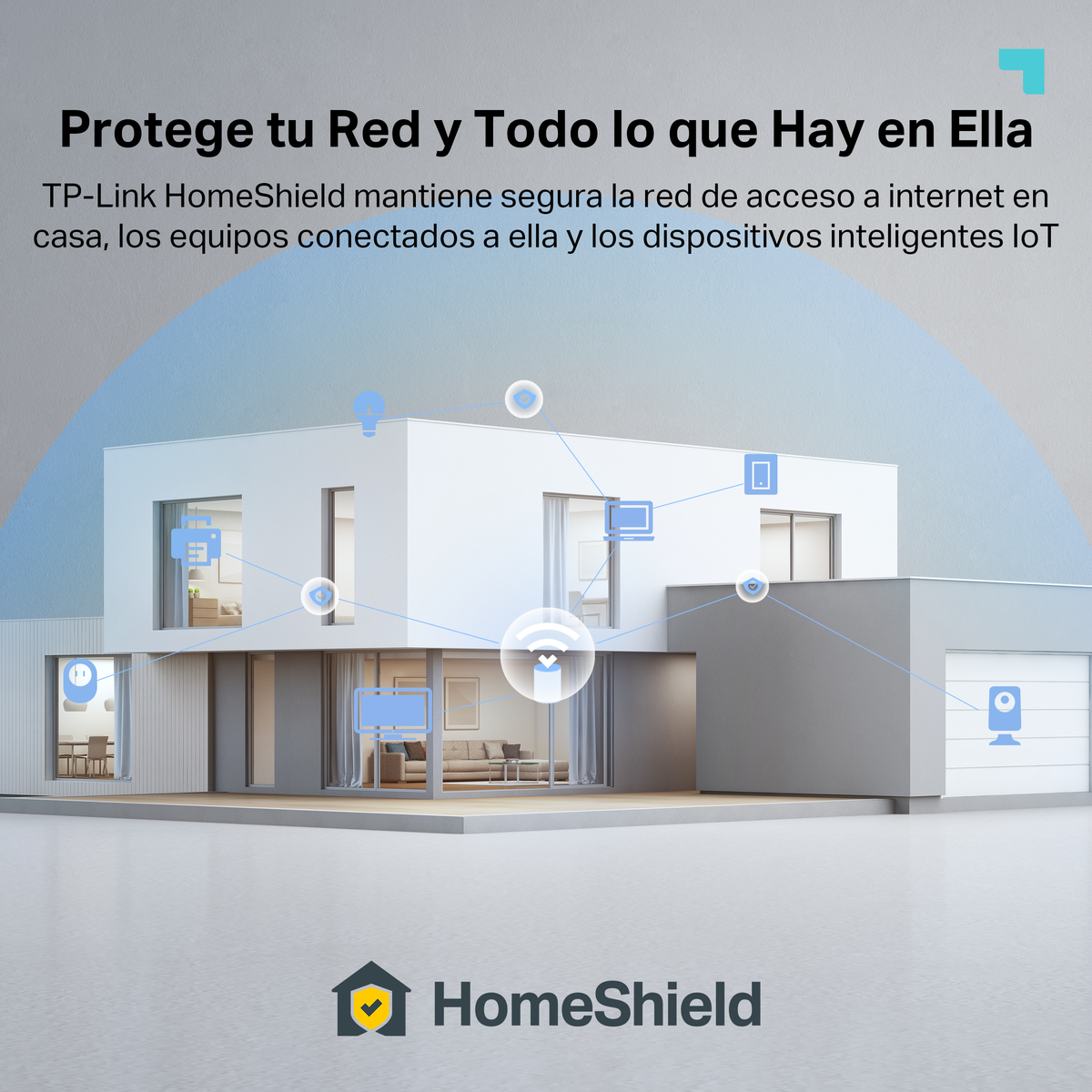 Nowoczesny biały dom z podłączonymi urządzeniami, takimi jak laptop, inteligentna kamera i telewizor, reprezentujący bezpieczeństwo sieci domowej.